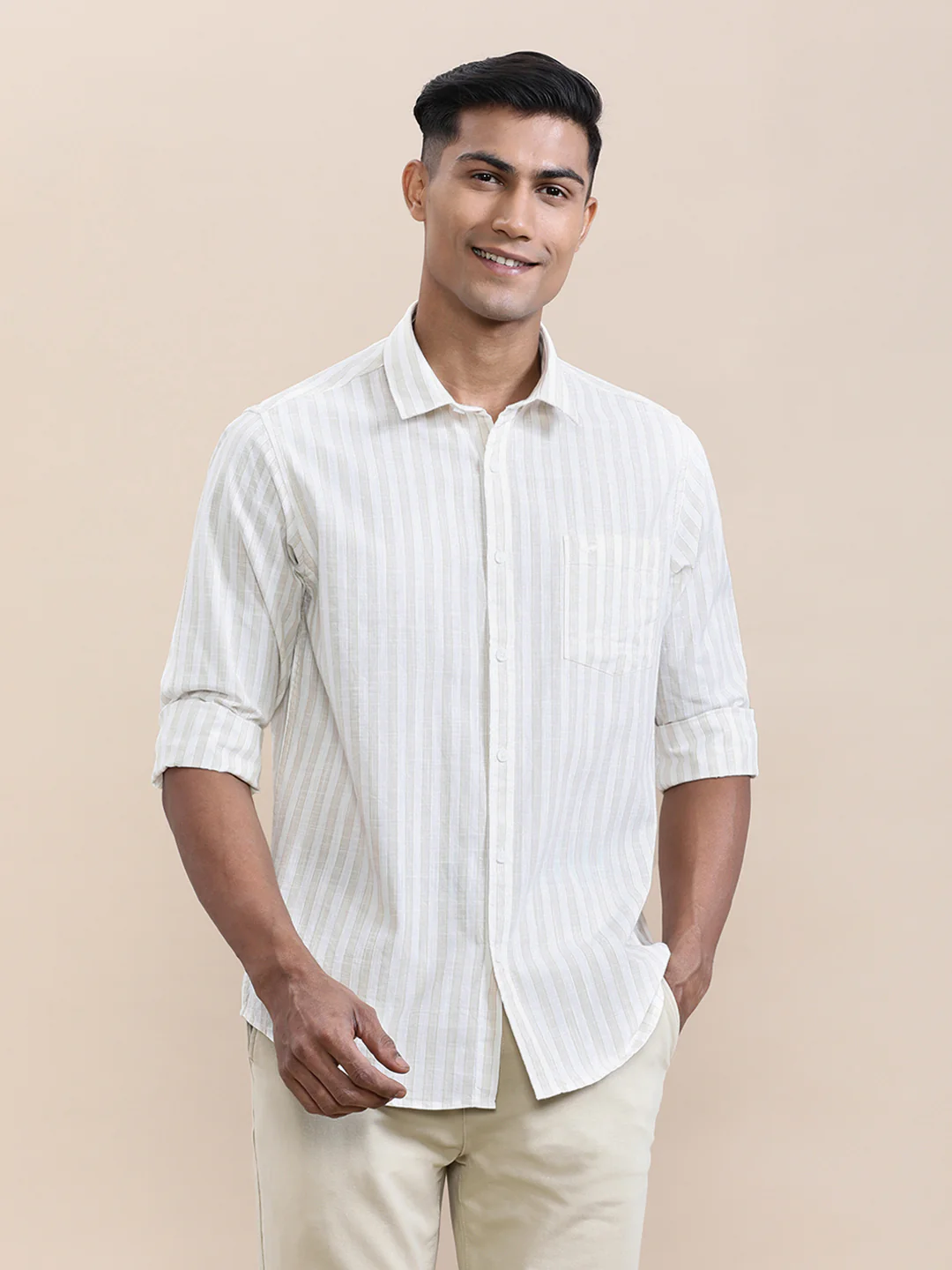 Stripe Textured Comfort Fit Shirt Beige