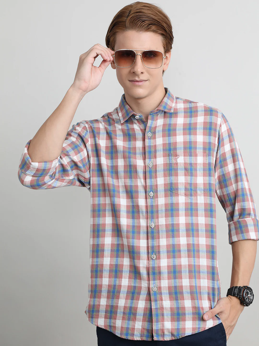 Cotton Textured Check Shirt Dark Peach