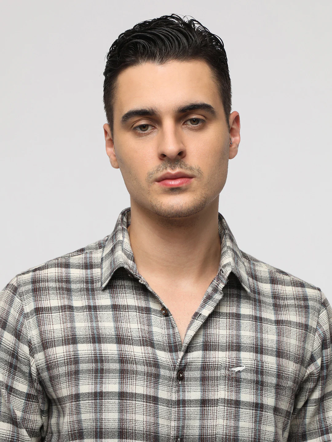 Off White Crepe Texture Plaid Shirt