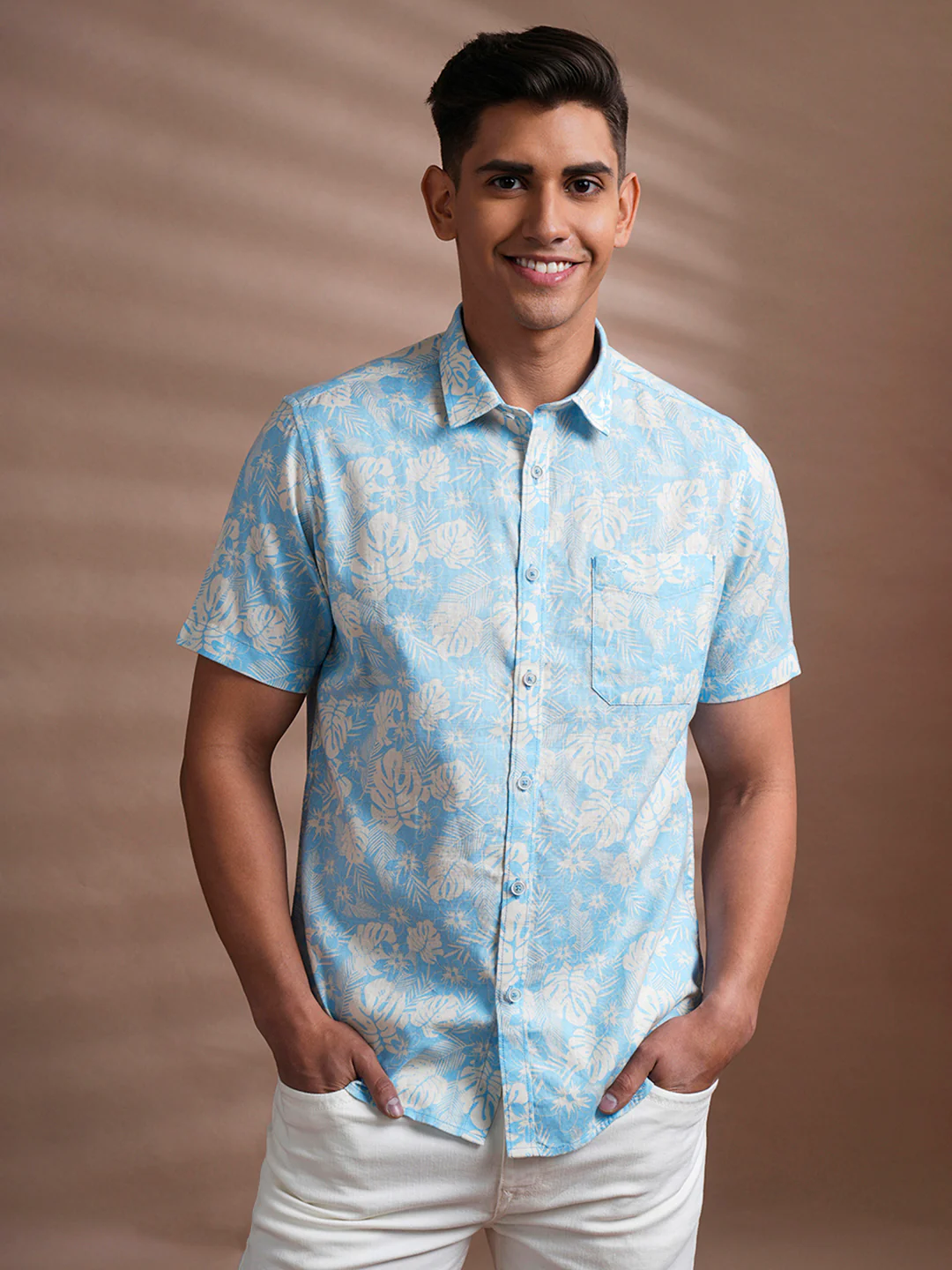 Botanical Stencil Print Shirt Blue