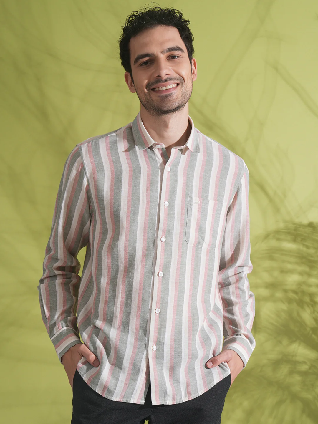 Linen Blend Variegated Stripe Shirt Oil Green