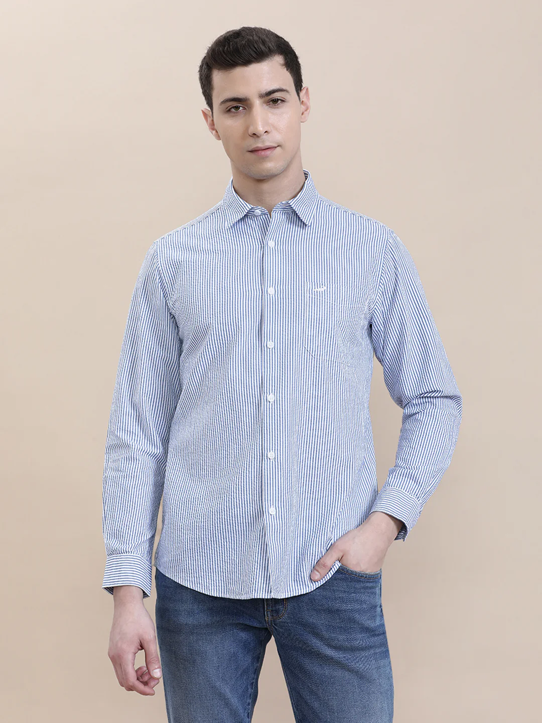 Cotton Seersucker Striped Full Sleeve Shirt Blue