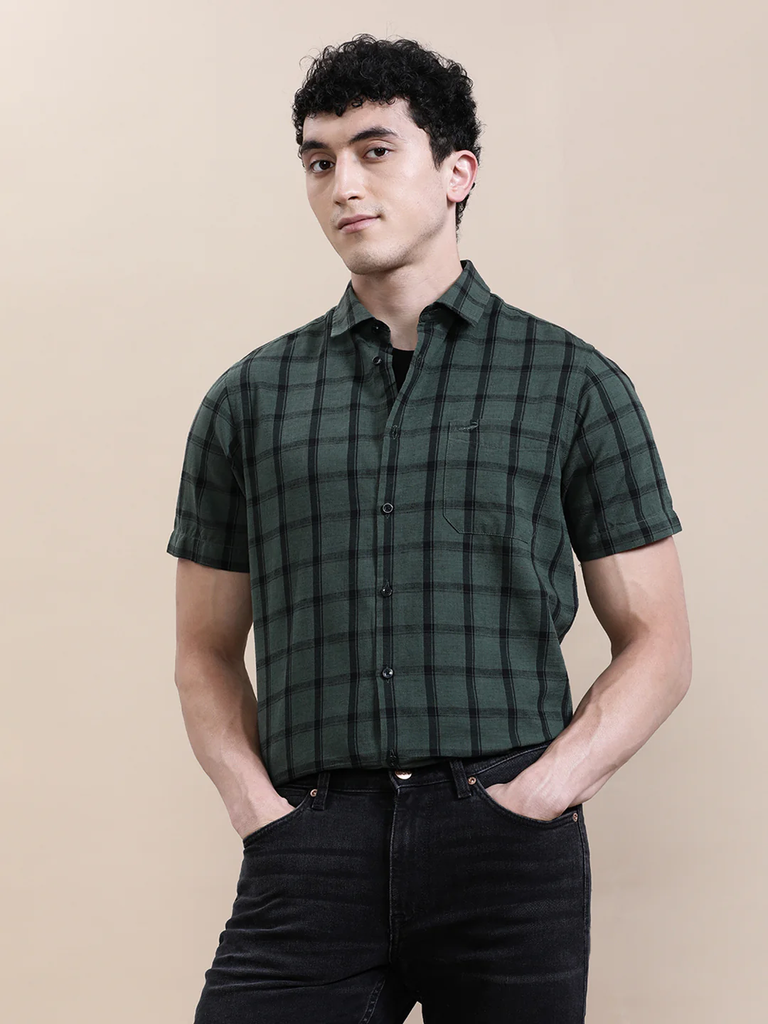 Linen Blend Checked Half Sleeve Shirt