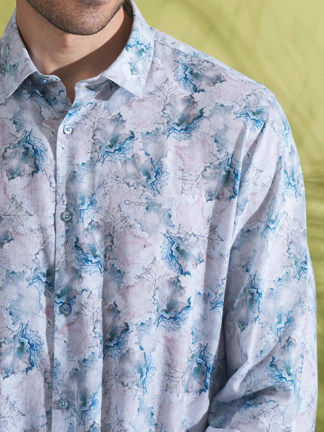 Linen Blend Abstract Dry Leaf Print Shirt Grey