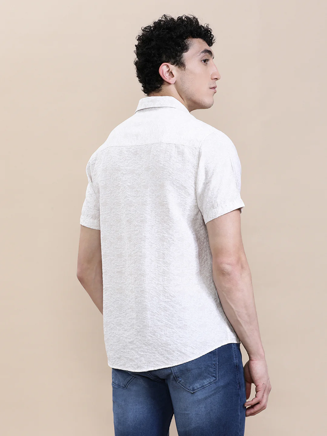 Printed Crinkled Effect Fluid Half Sleeve Shirt Beige