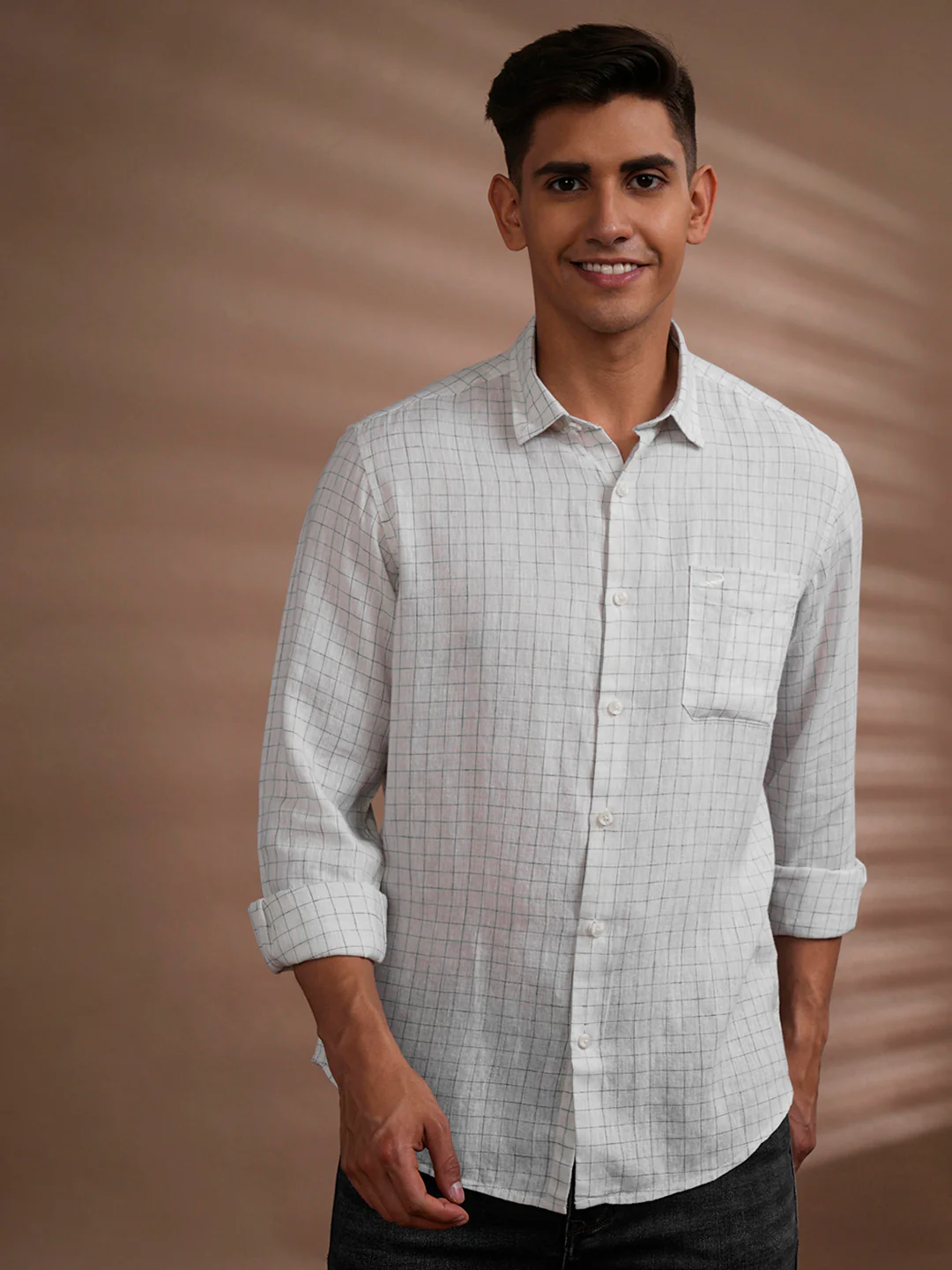 Linen Blend Window Check Shirt White