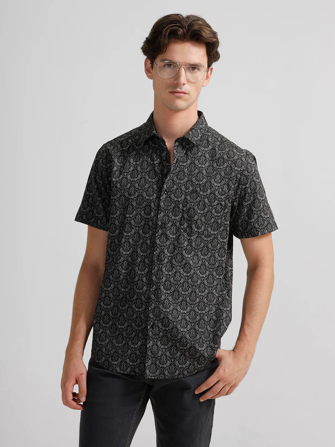 Printed Comfort Fit Black Shirt