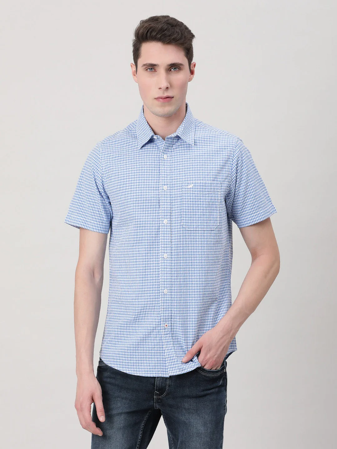 Light Blue Checked Half Sleeve 100% Cotton Shirt
