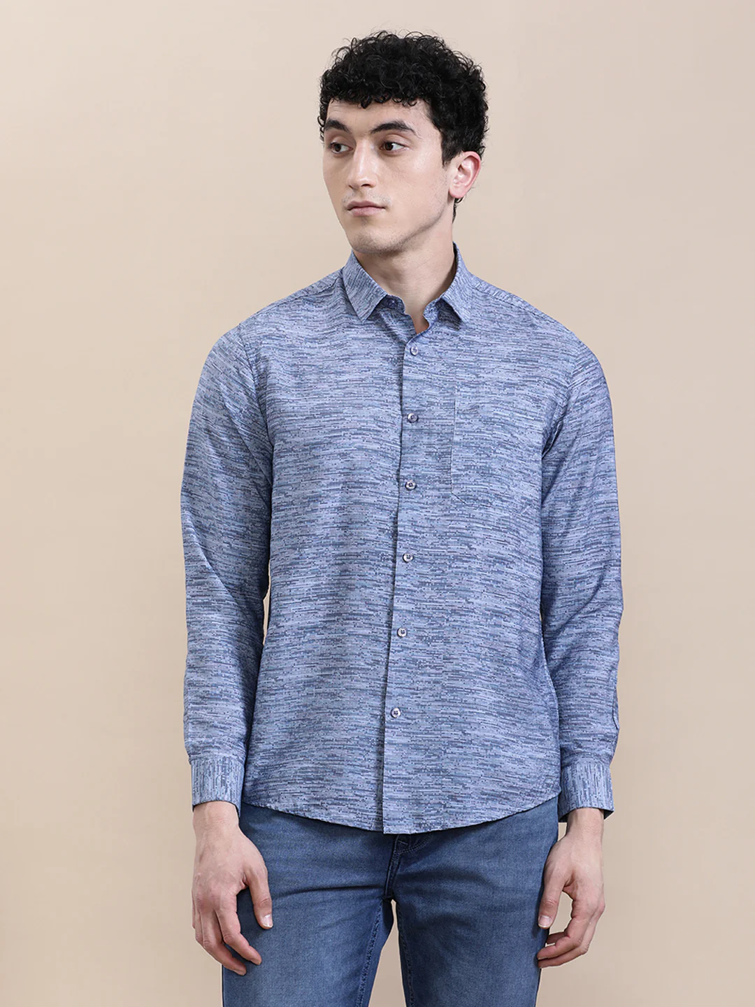 Blue Printed Crinkled Effect Fluid Shirt