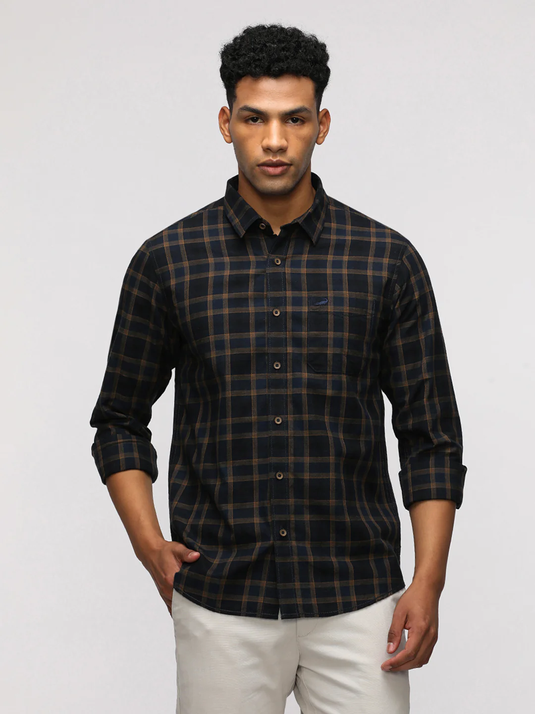 Navy Pure Cotton Checked Shirt
