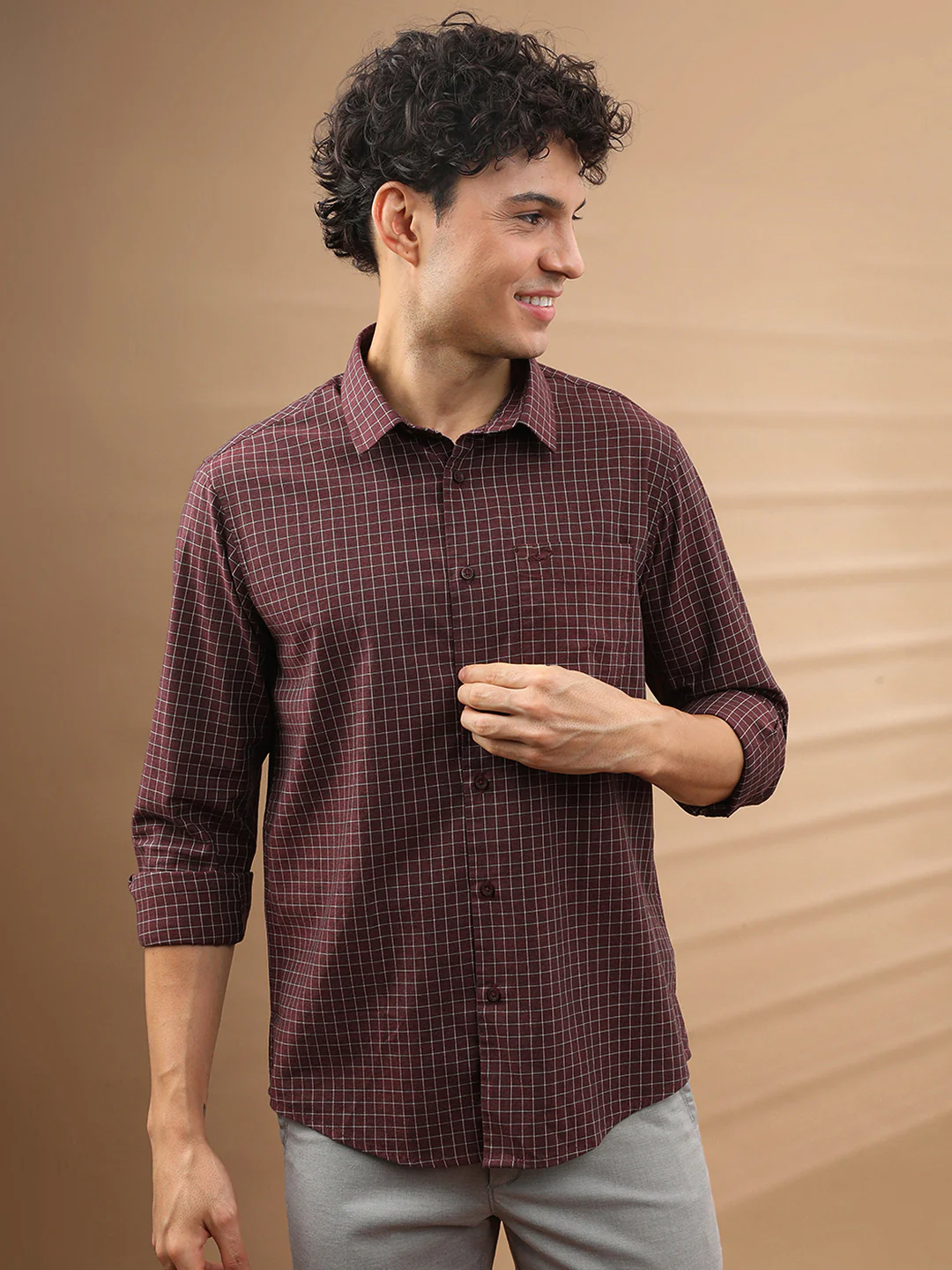 Cotton Melange Check Shirt Wine