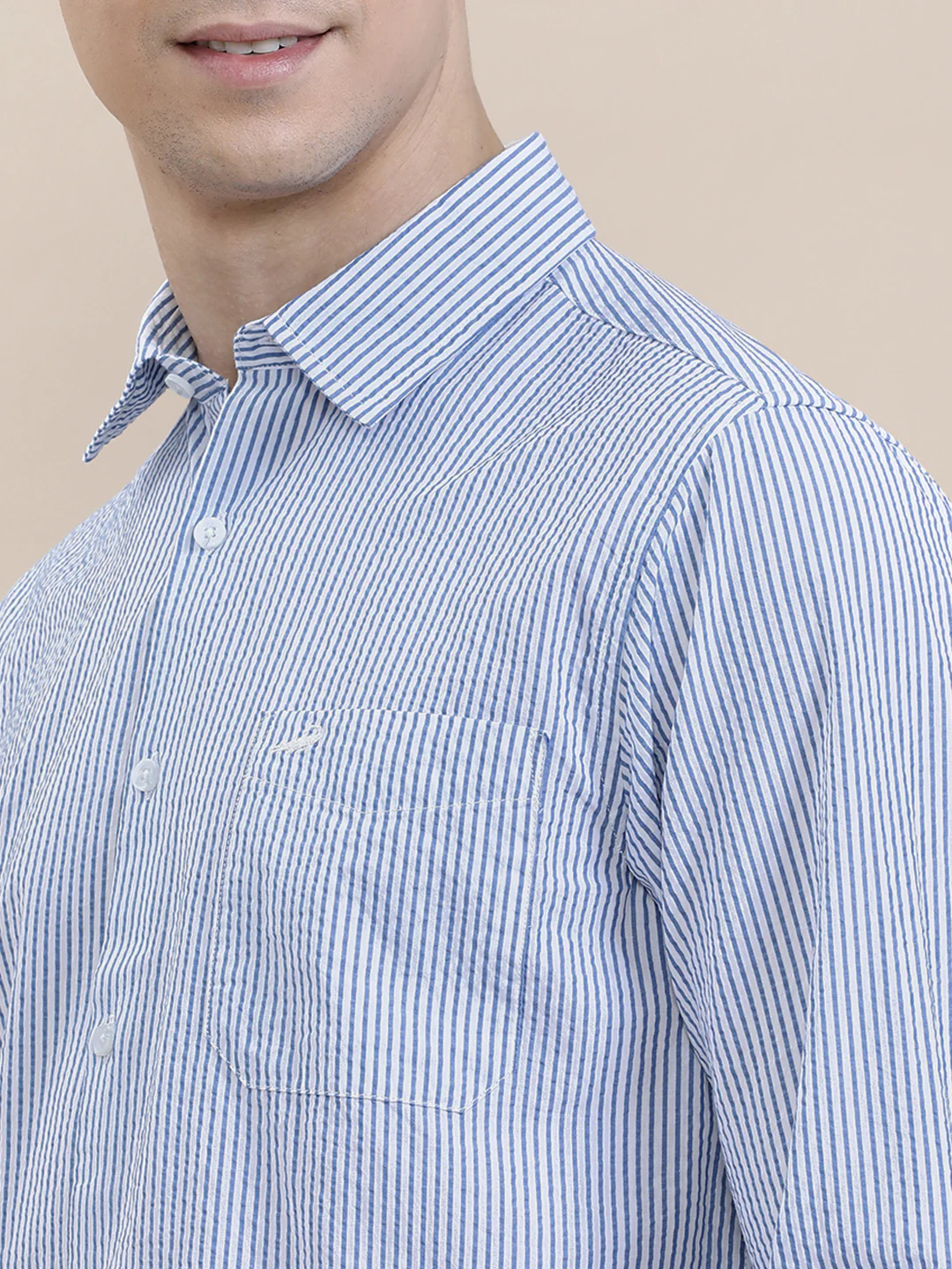 Cotton Seersucker Striped Full Sleeve Shirt Blue