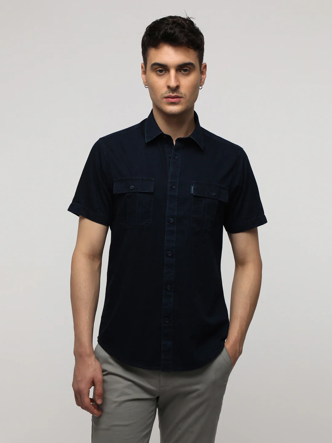 Indigo Washed Dual Pocket Half Sleeve Shirt