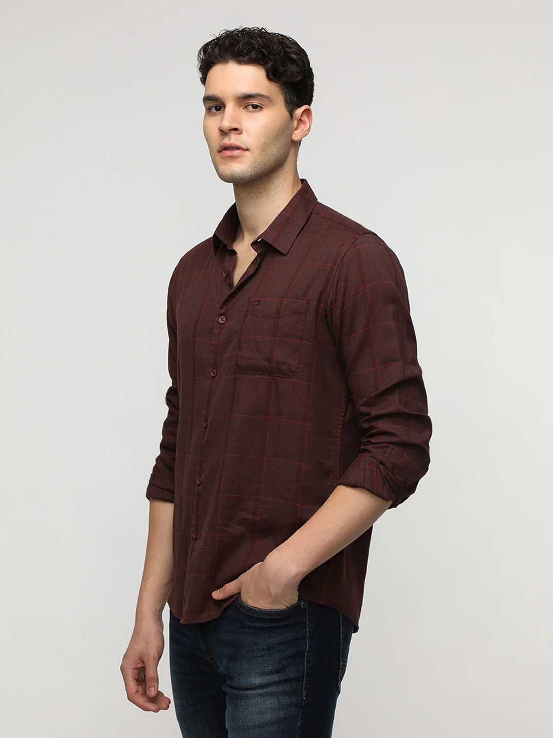 Maroon Windowpane Soft Finish Checks Shirt