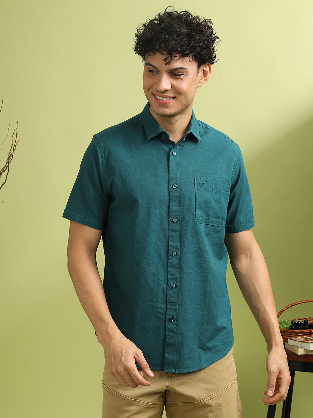 Teal Solid Half Sleeve 100% Cotton Shirt