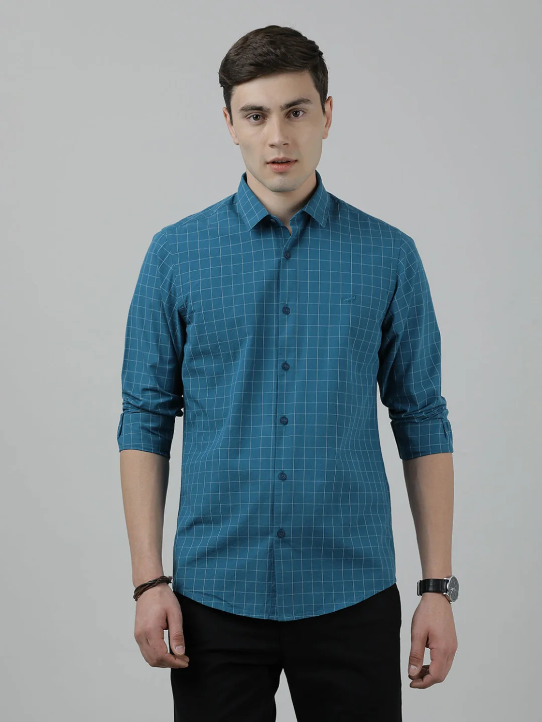 Teal Green Checked Full Sleeve 100% Cotton Casual Shirt
