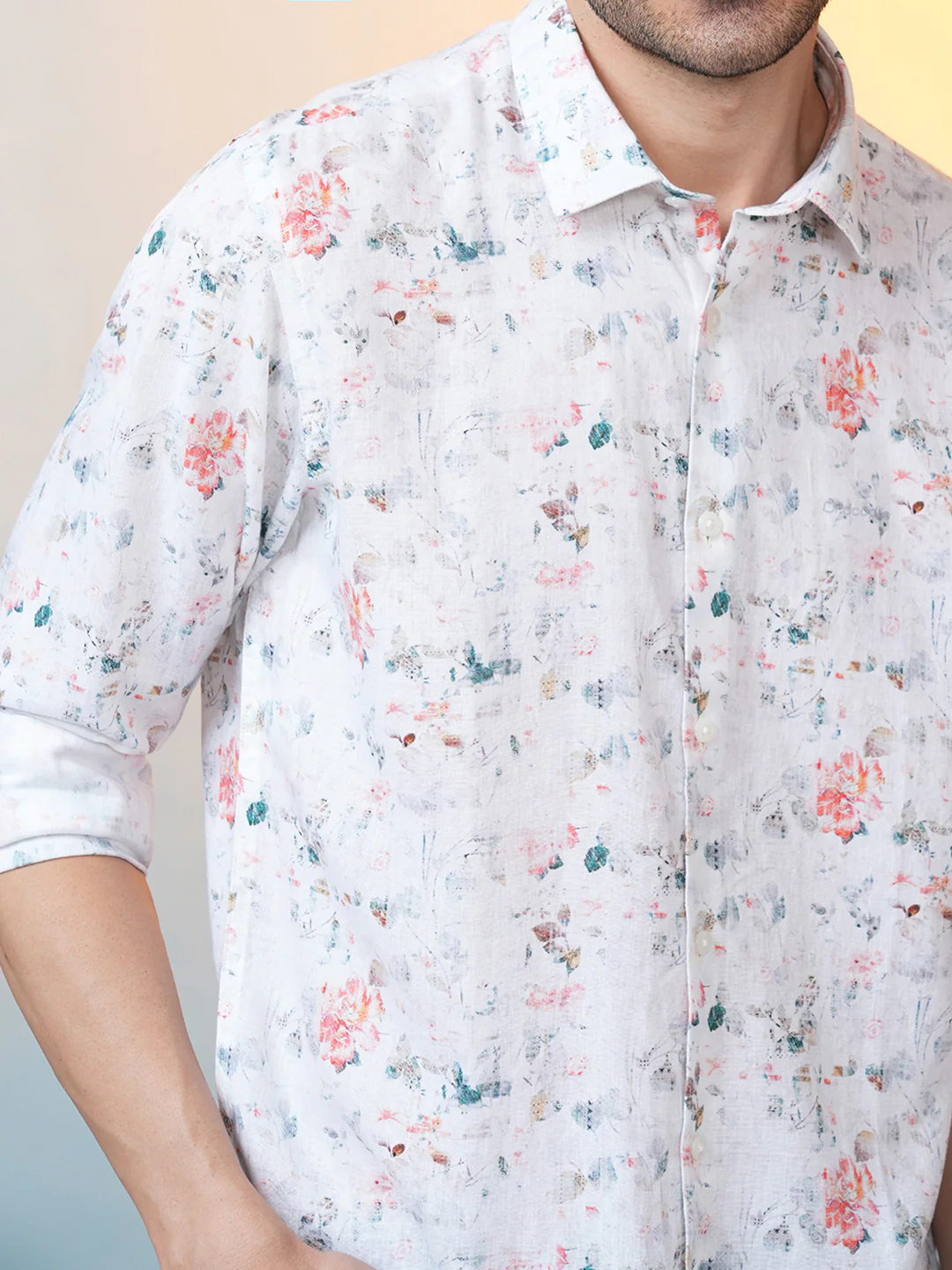 Linen Blend Abstract Floral Print Shirt White