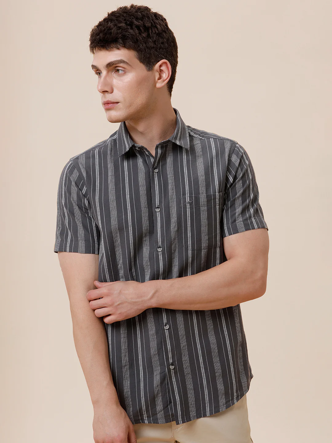 Cotton Textured Stripe Grey Shirt