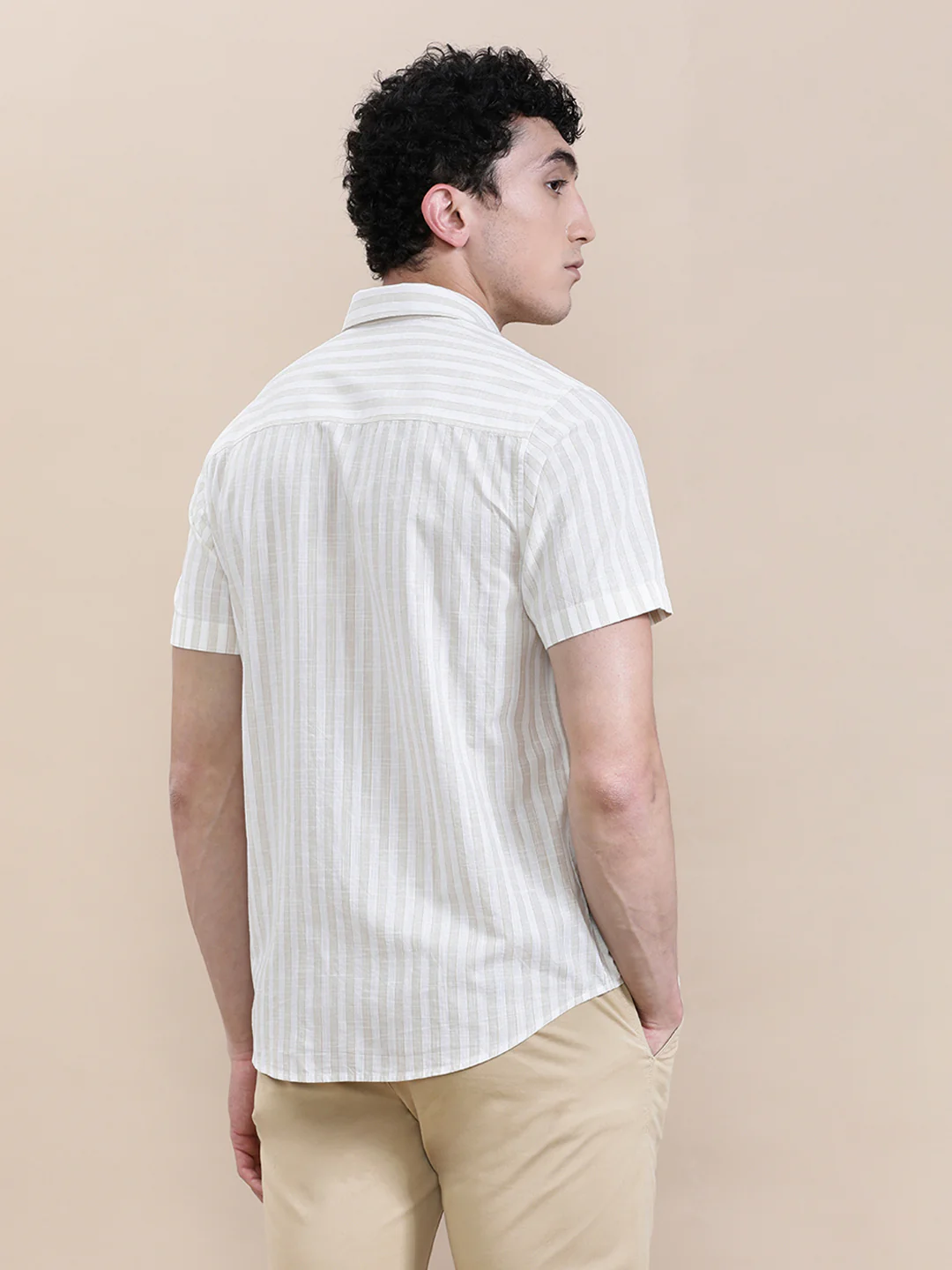 Stripe Textured Comfort Fit Beige Shirt