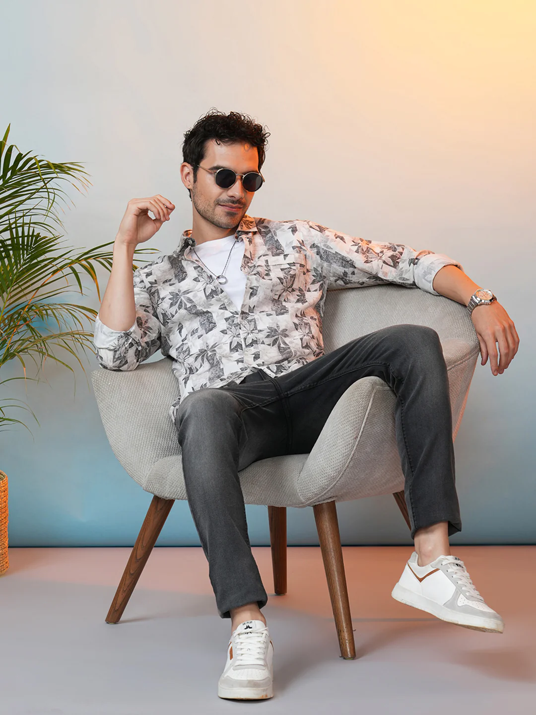 Linen Blend Abstract Leaf Print Shirt Grey