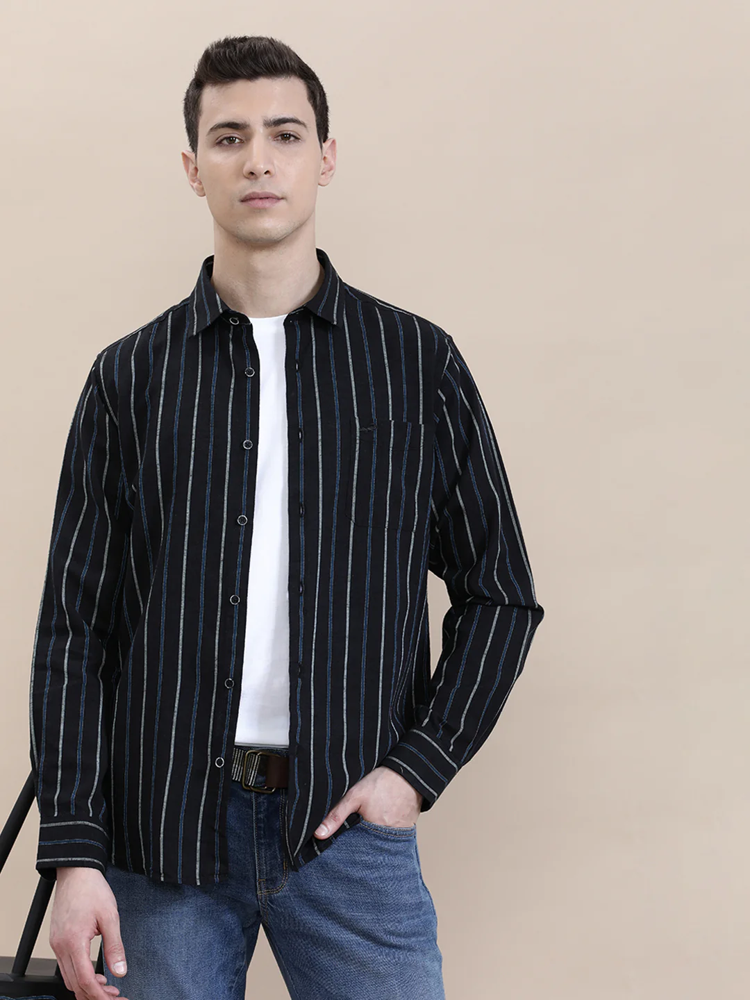 Linen Blend Striped Full Sleeve Shirt Black