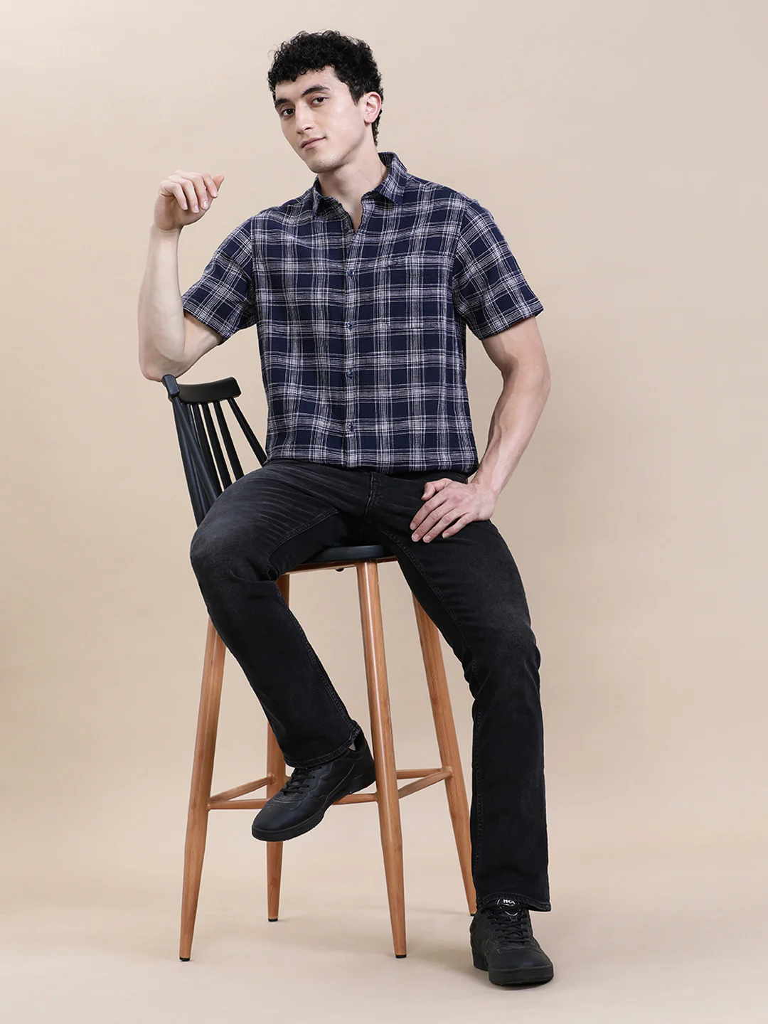 Cotton Textured Checked Half Sleeve Shirt Navy