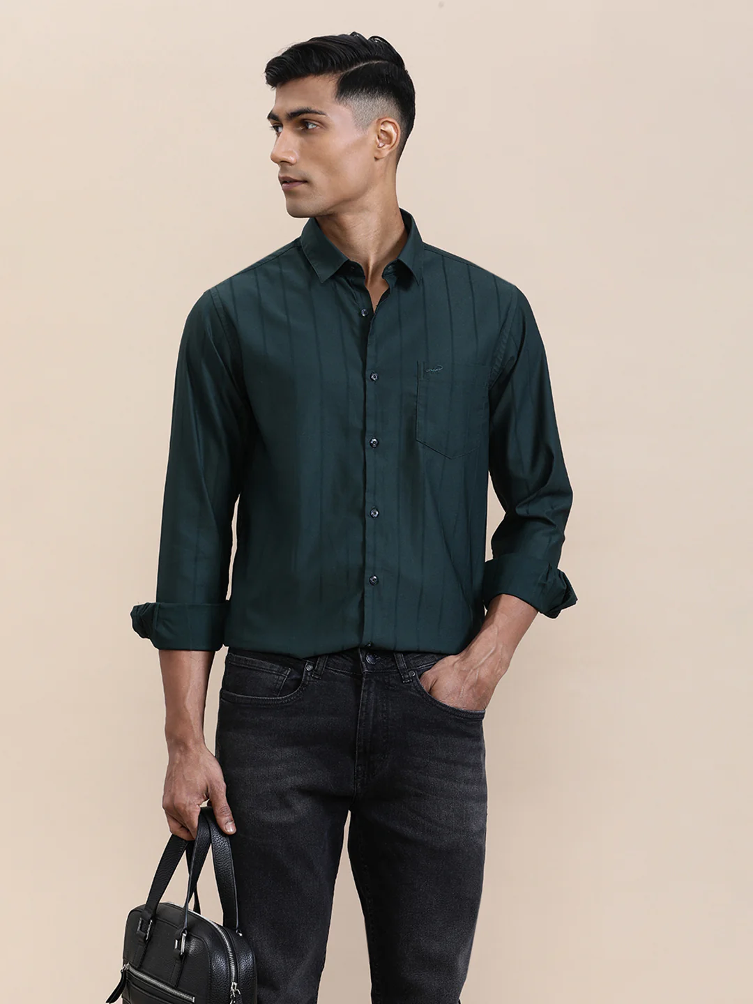 Elegant Self-Stripe Stretch Shirt Dark Green
