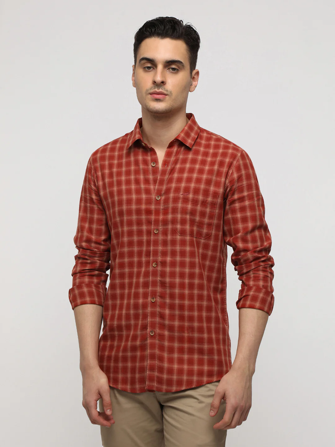Brick Red Cotton Plaid Shirt