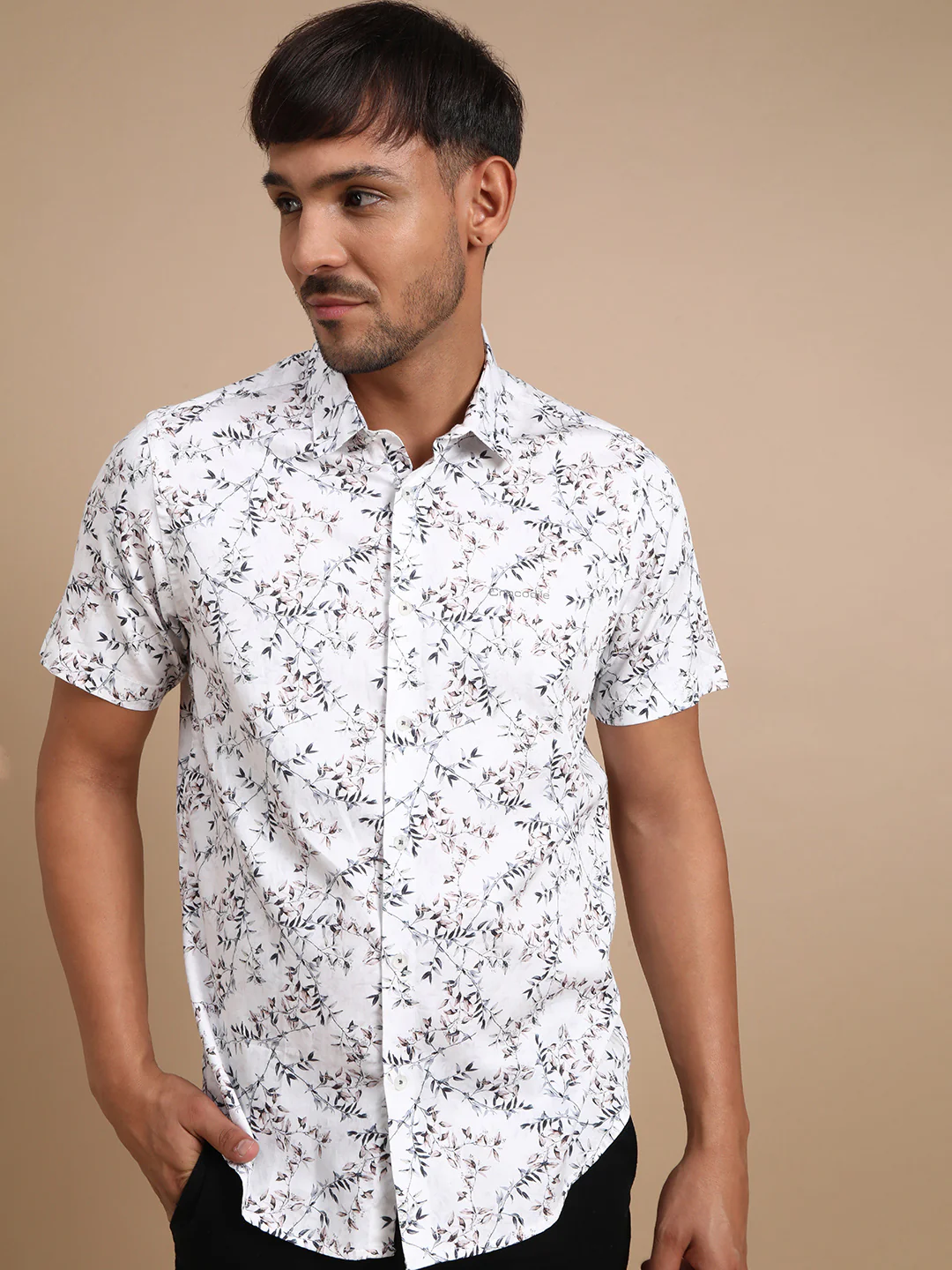 White Printed Half Sleeve 100% Cotton Shirt
