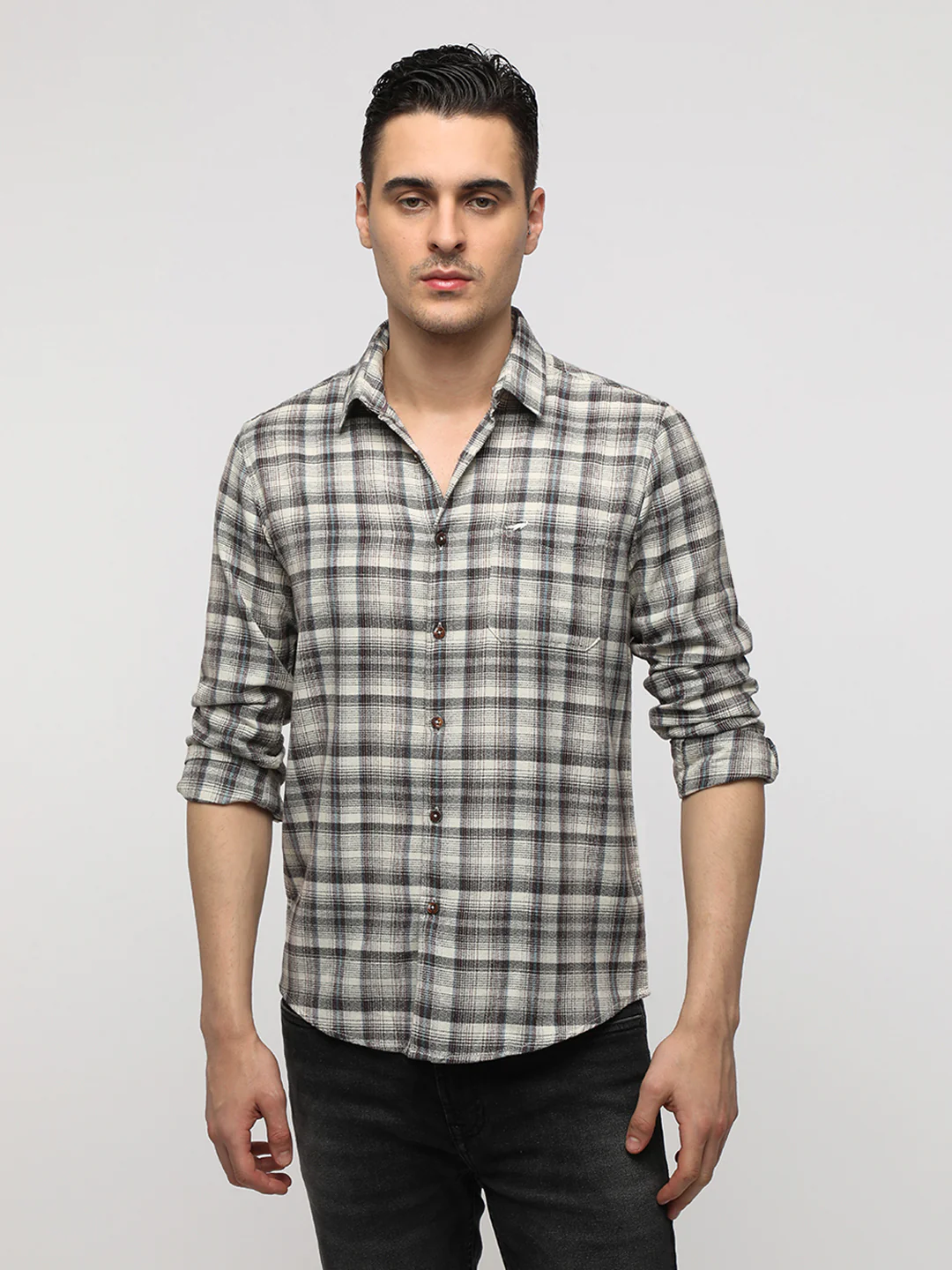 Off White Crepe Texture Plaid Shirt