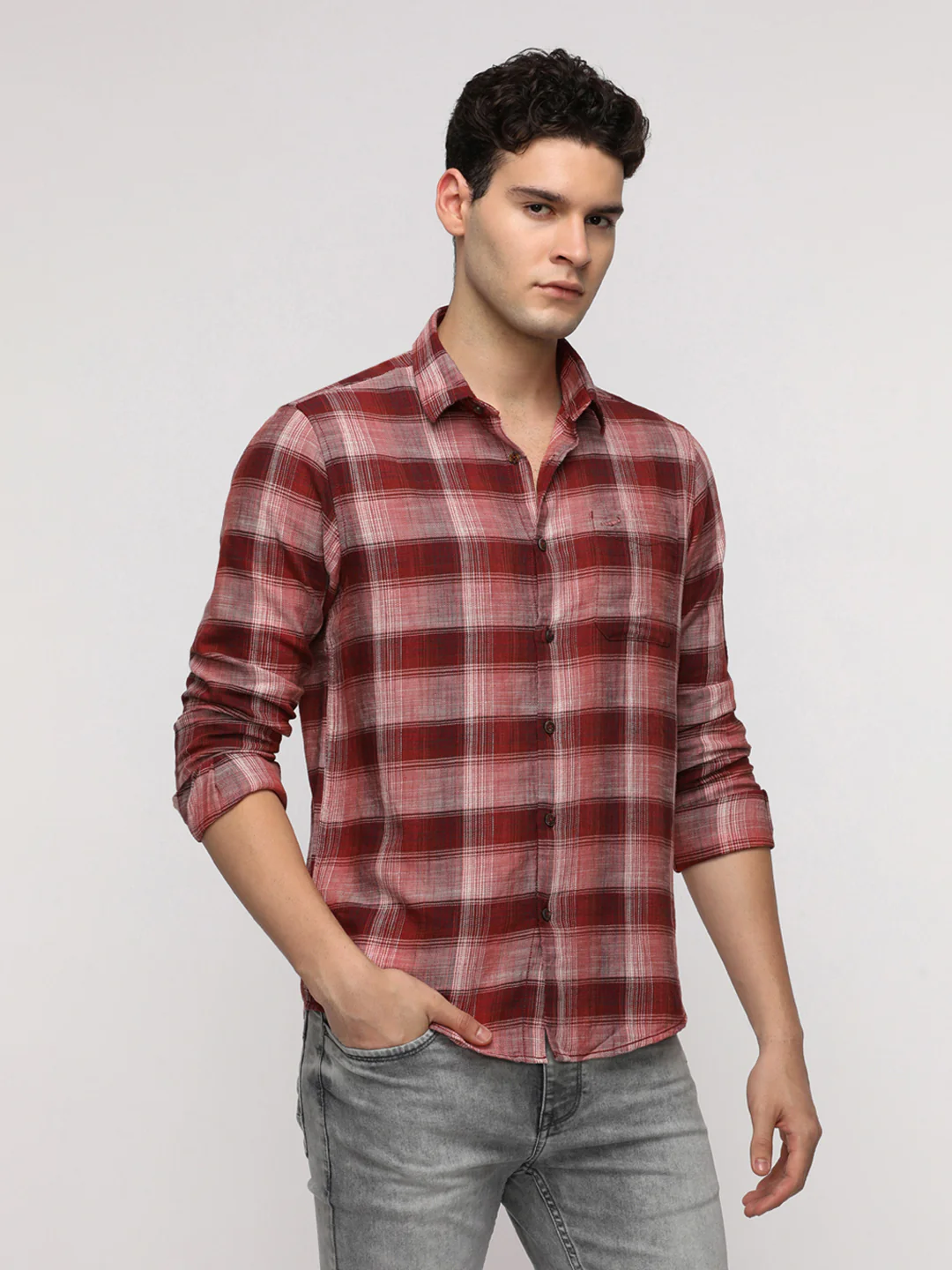 Red Textured Checks Shirt