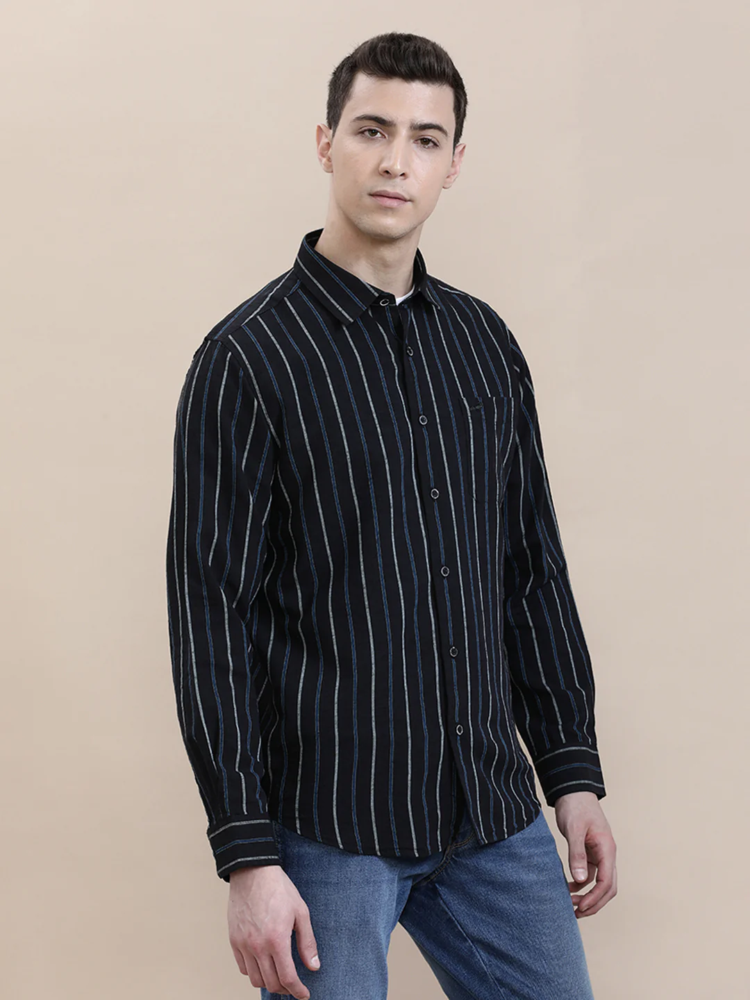 Linen Blend Striped Full Sleeve Shirt Black