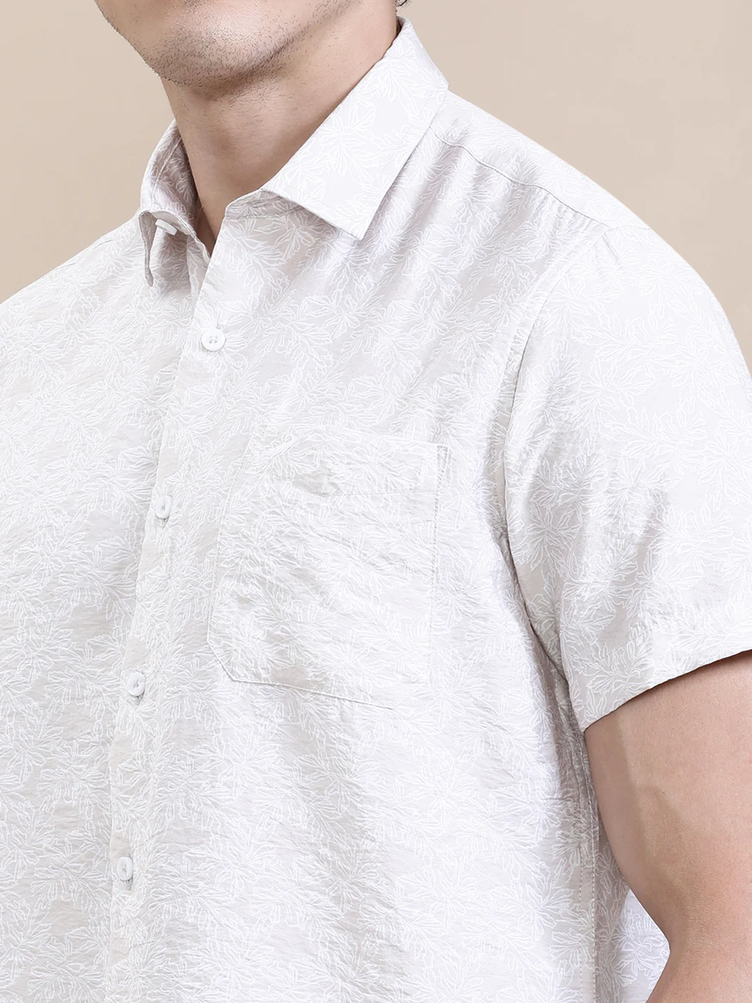 Printed Crinkled Effect Fluid Half Sleeve Shirt Beige