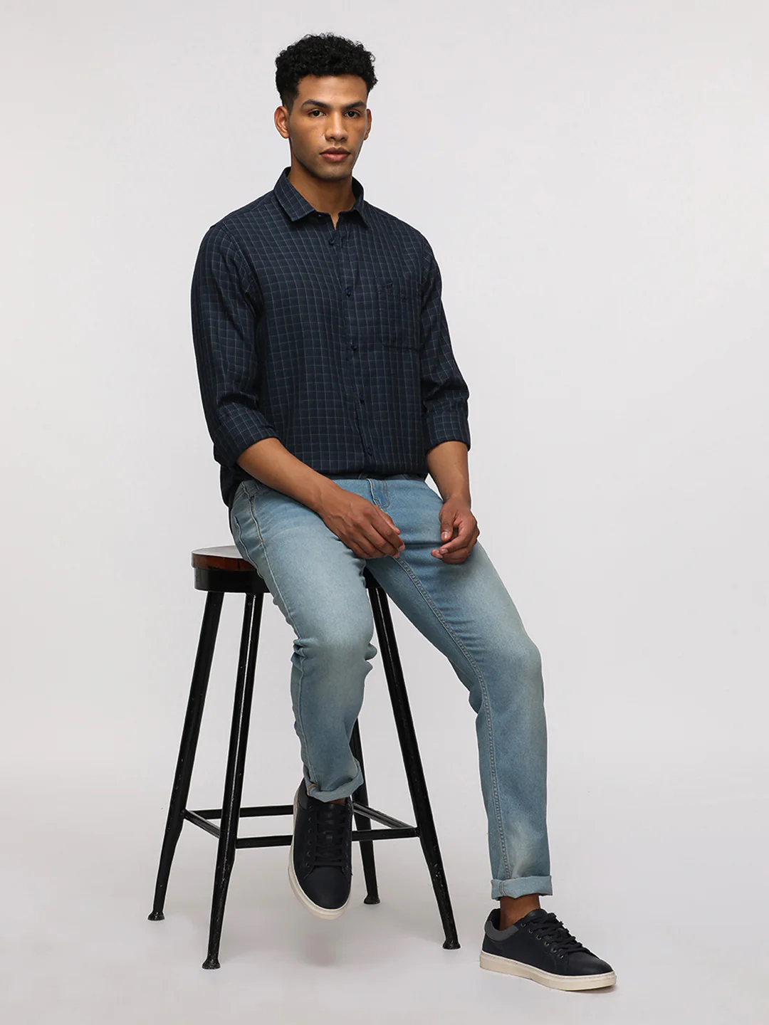 Full Sleeve Navy Checked Shirt for Trendy Wear