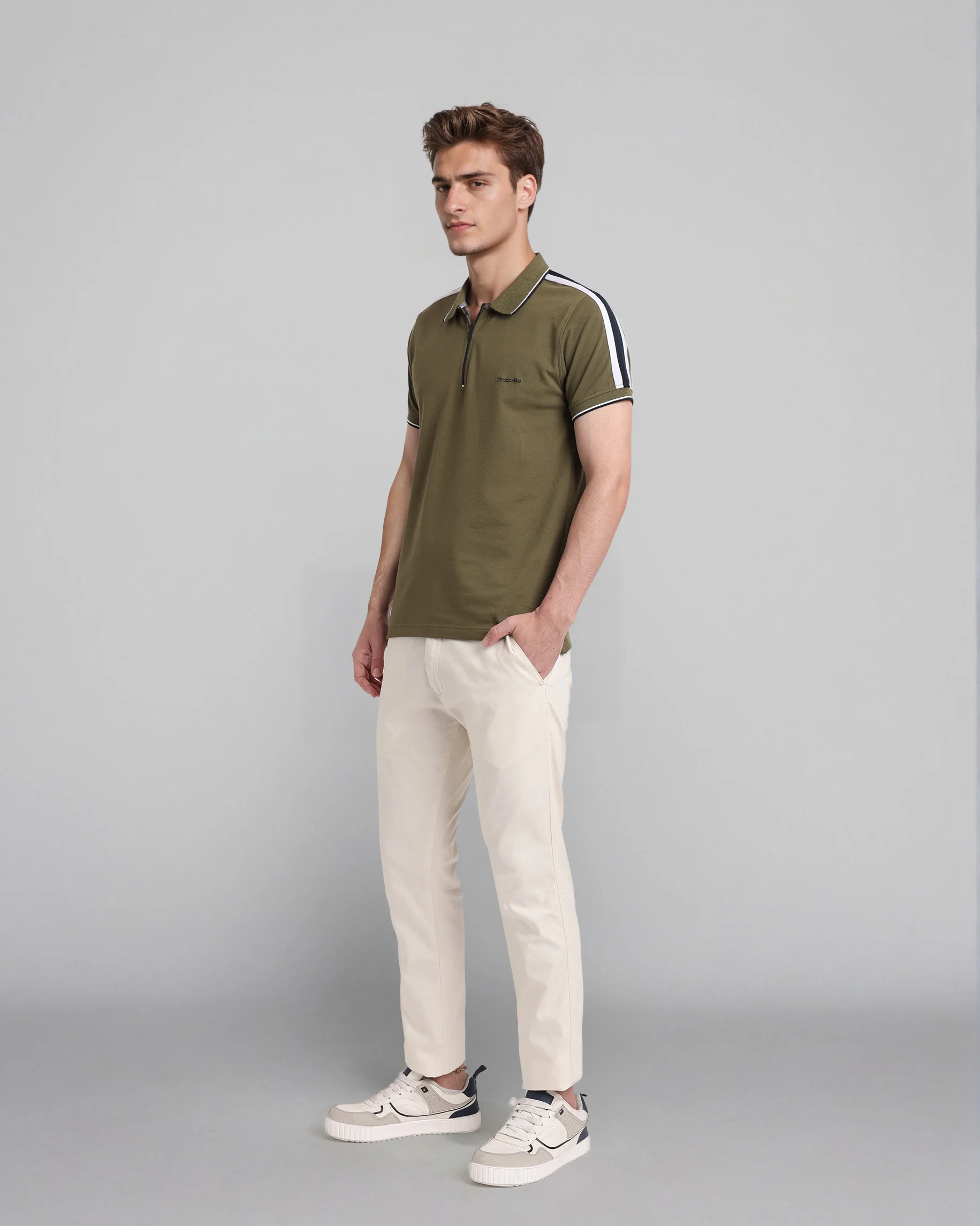 Trendy Stretch Zipper Polo with Tape in Olive