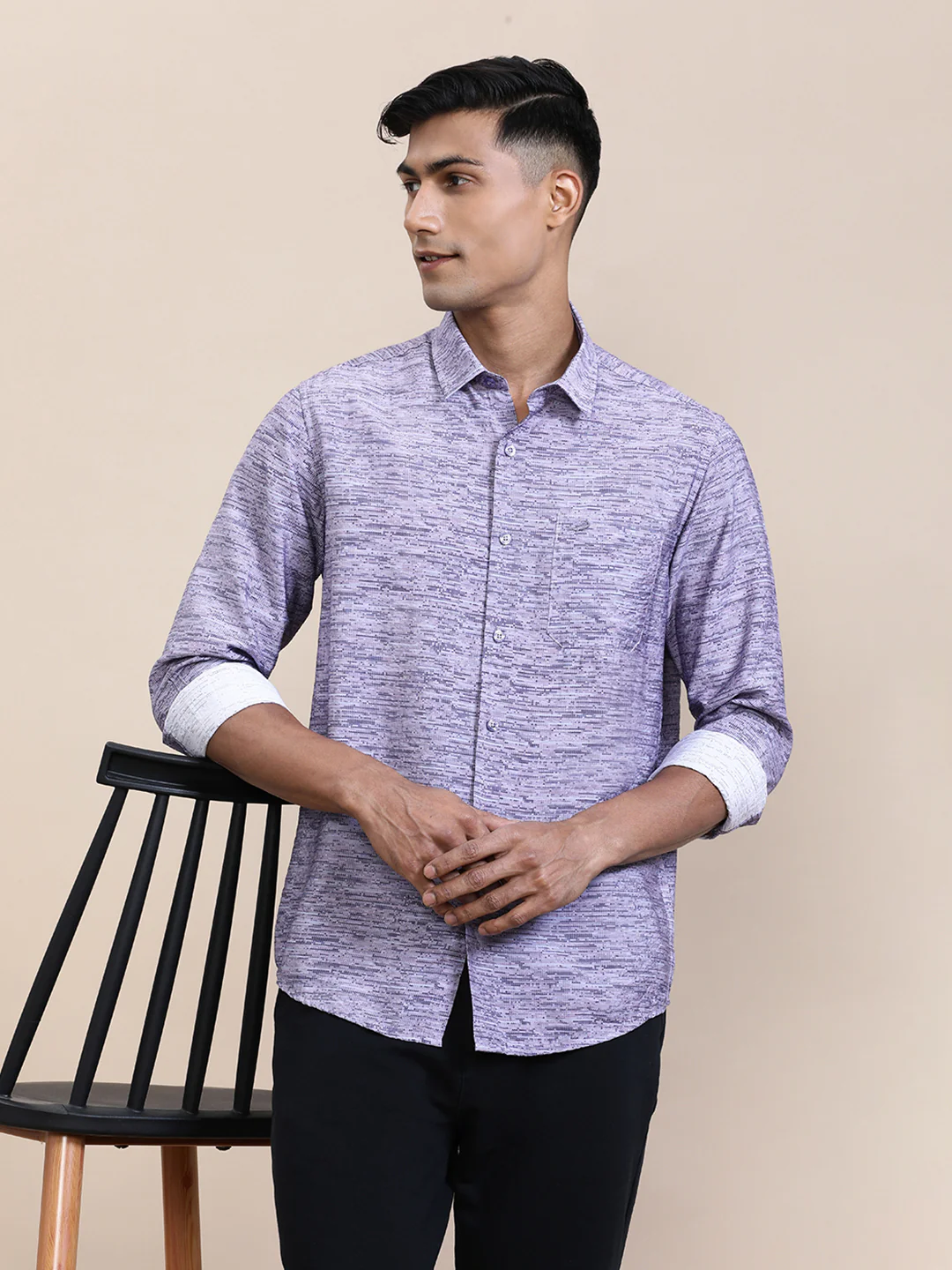 Purple Printed Crinkled Effect Fluid Shirt