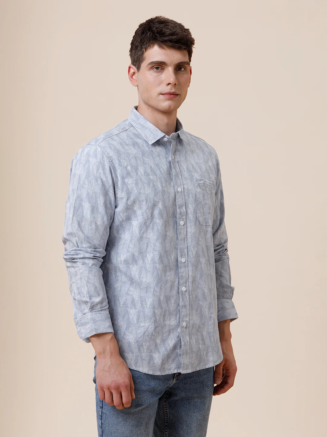 Cotton Printed Textured Grey Shirt