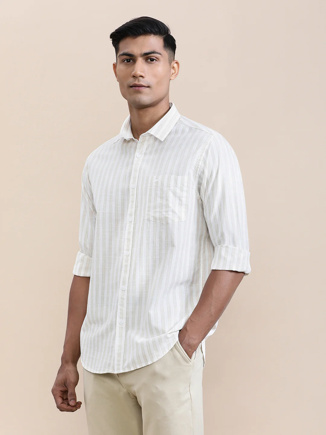 Stripe Textured Comfort Fit Shirt Beige