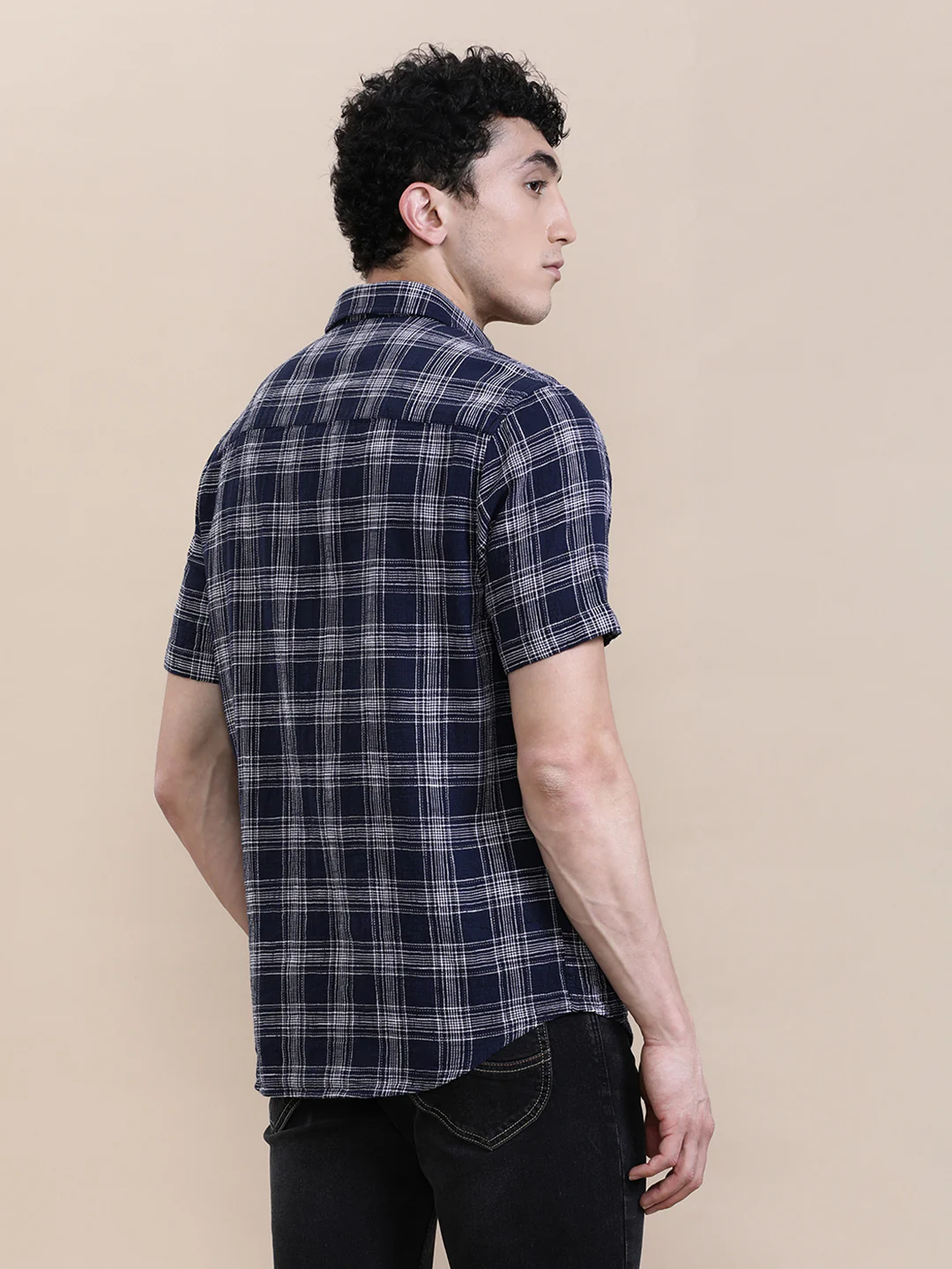 Cotton Textured Checked Half Sleeve Shirt Navy