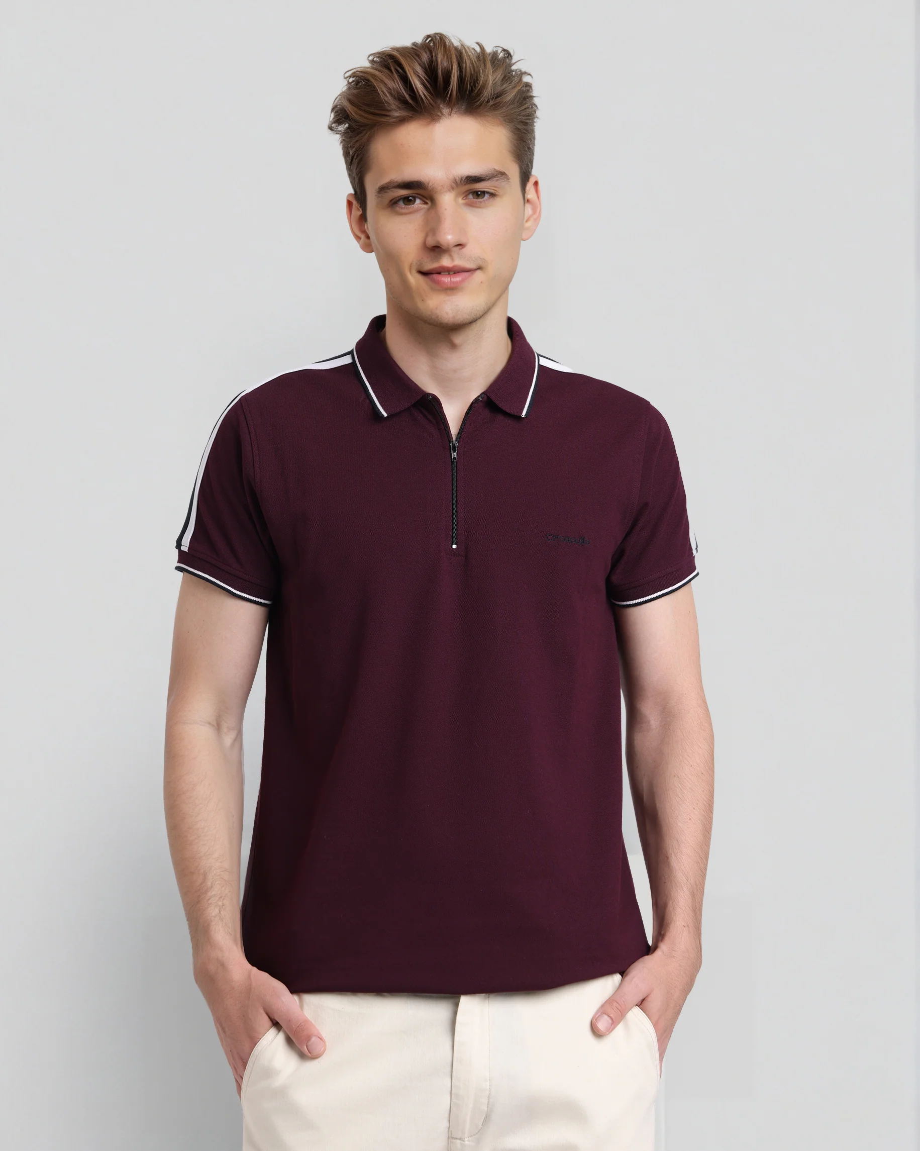 Trendy Stretch Zipper Polo with Tape in Grape wine