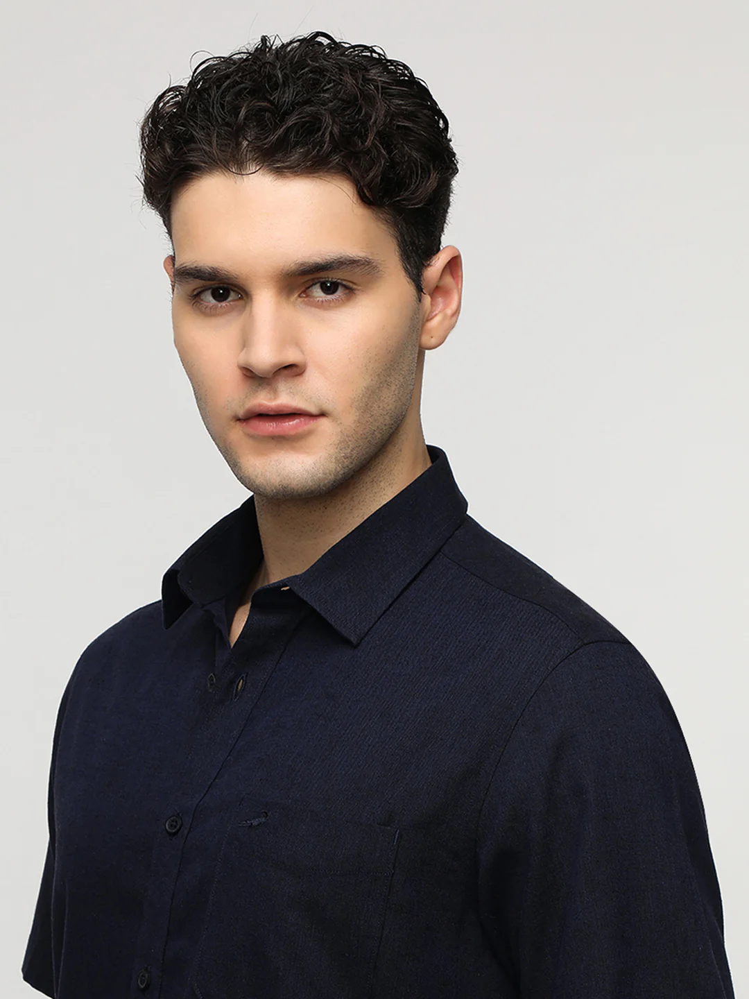 Deep Navy Linen Blend Plain Shirt