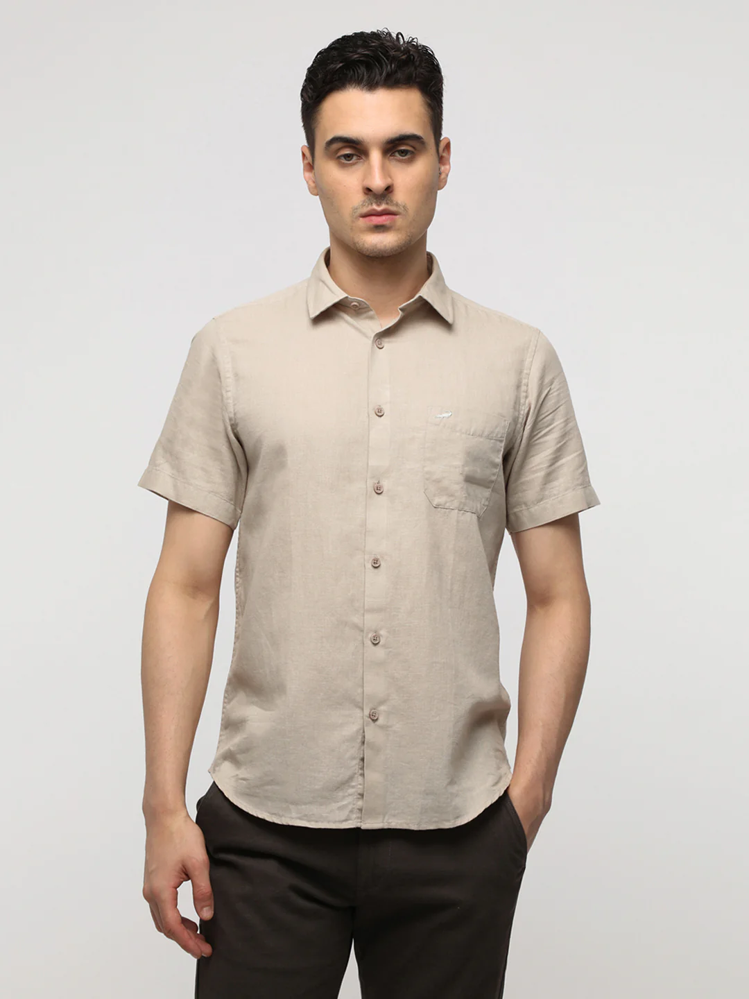 Beige Linen Blend Plain Shirt