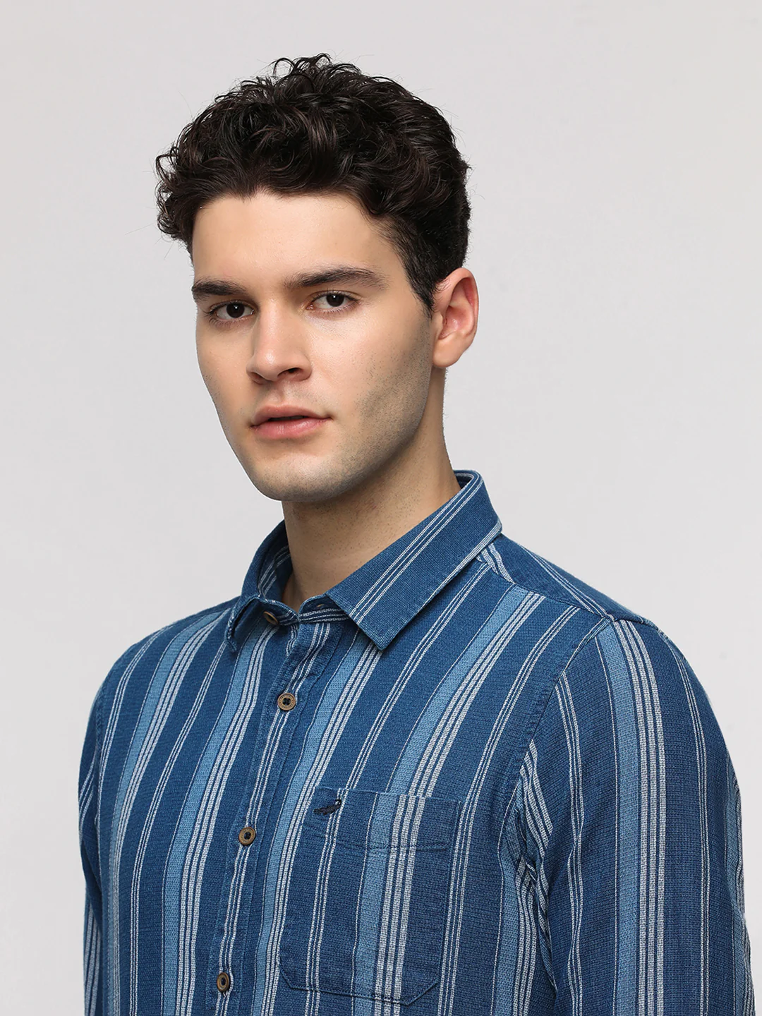 Blue Textured Stripe Denim Shirt
