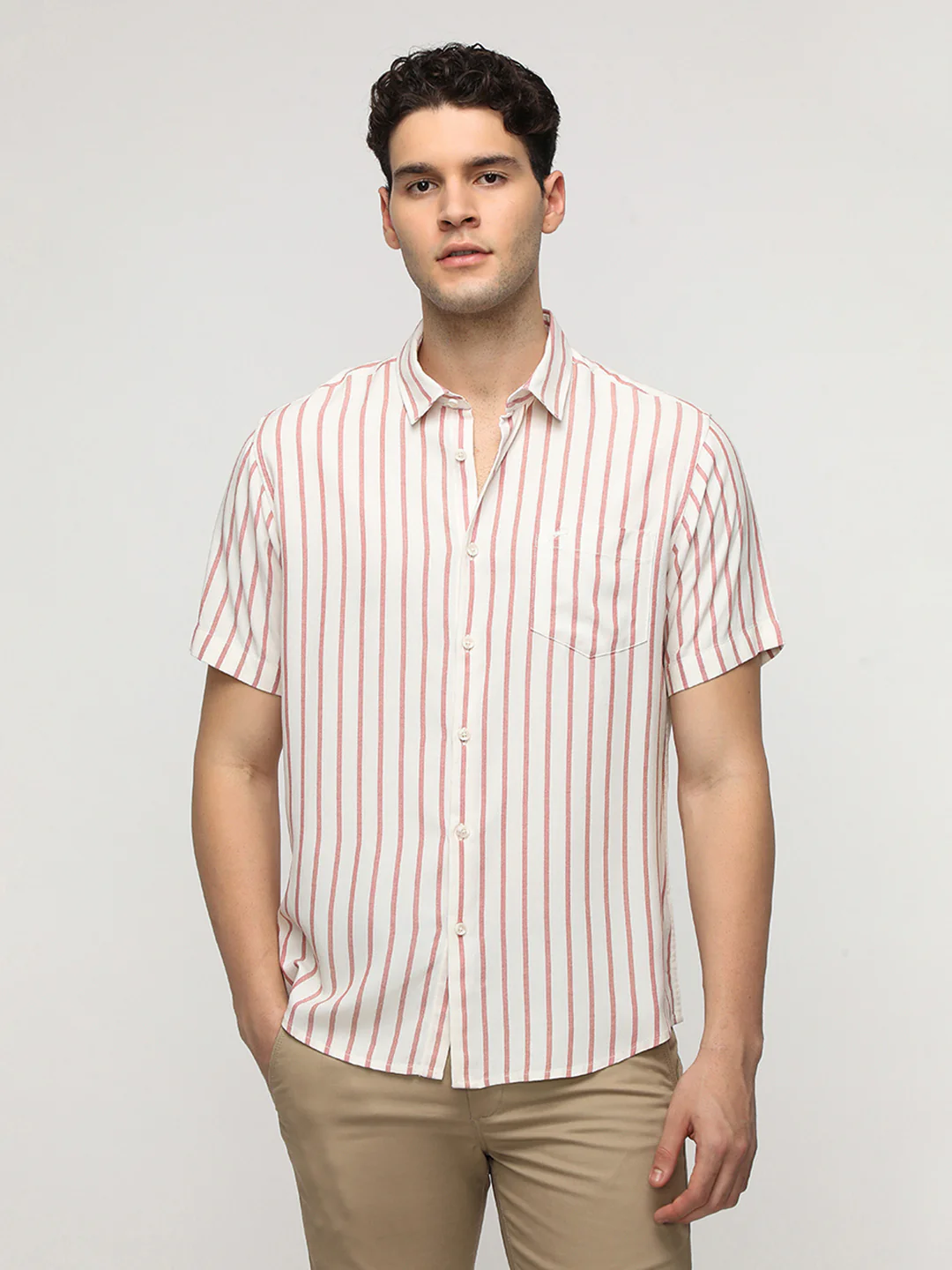 Red Striped Half Sleeve Comfort Fit Shirt
