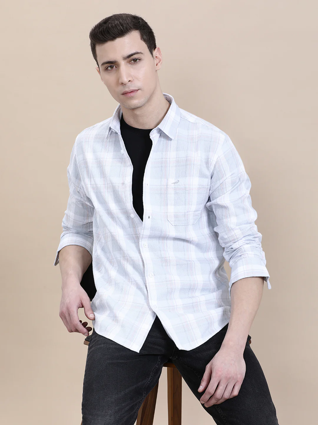 Textured Blue Checkered Comfort Fit Shirt