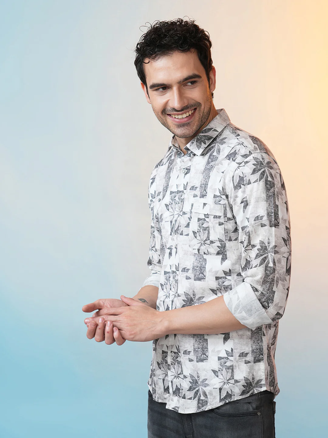 Linen Blend Abstract Leaf Print Shirt Grey