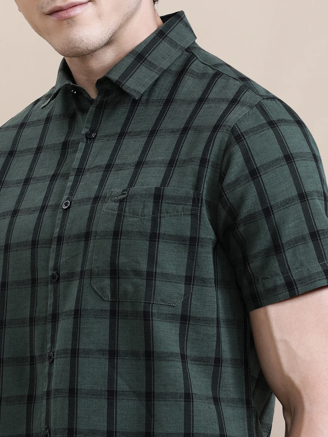 Linen Blend Checked Half Sleeve Shirt