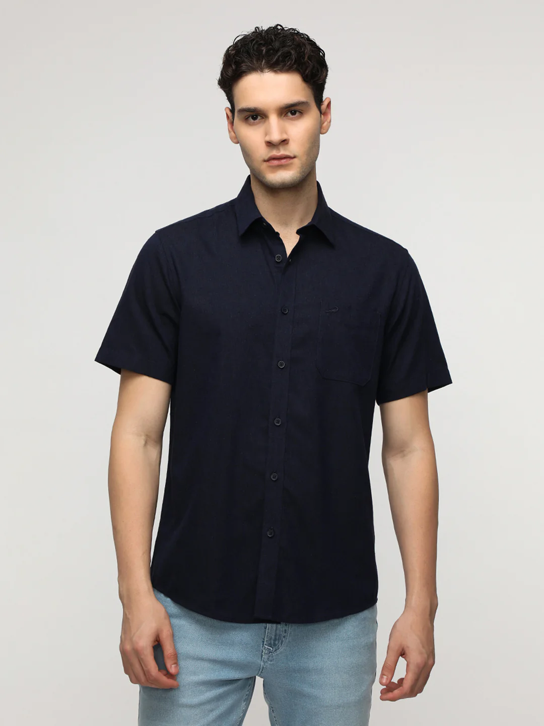 Deep Navy Linen Blend Plain Shirt