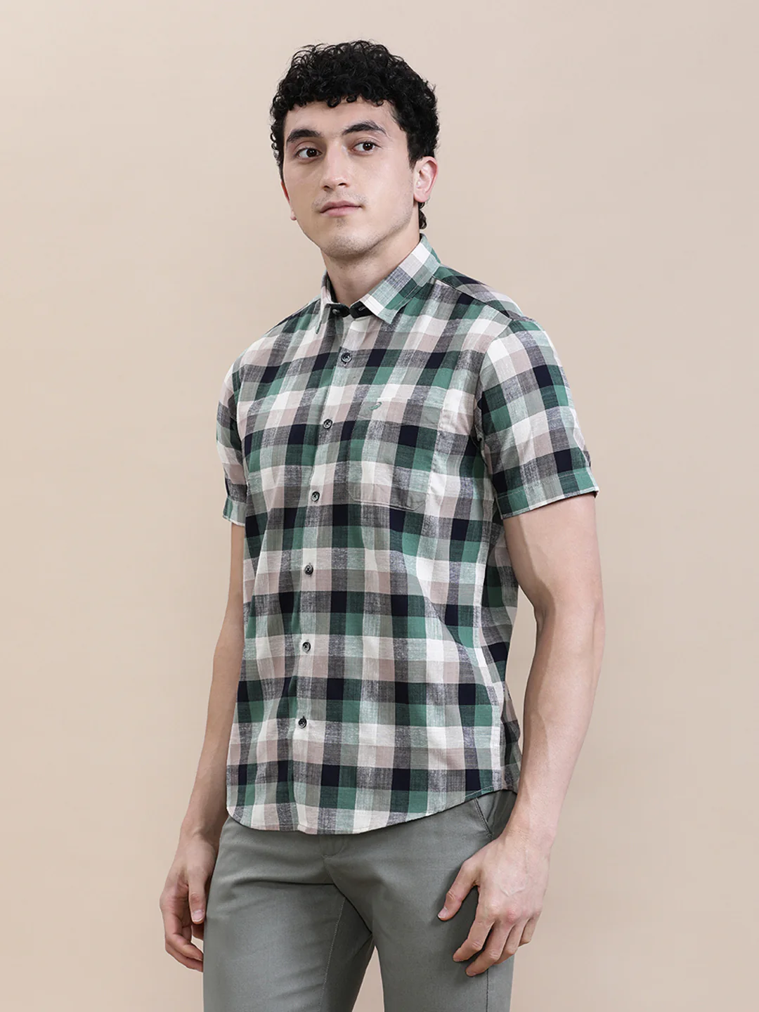 Casual Green Checkered Half Sleeve Shirt