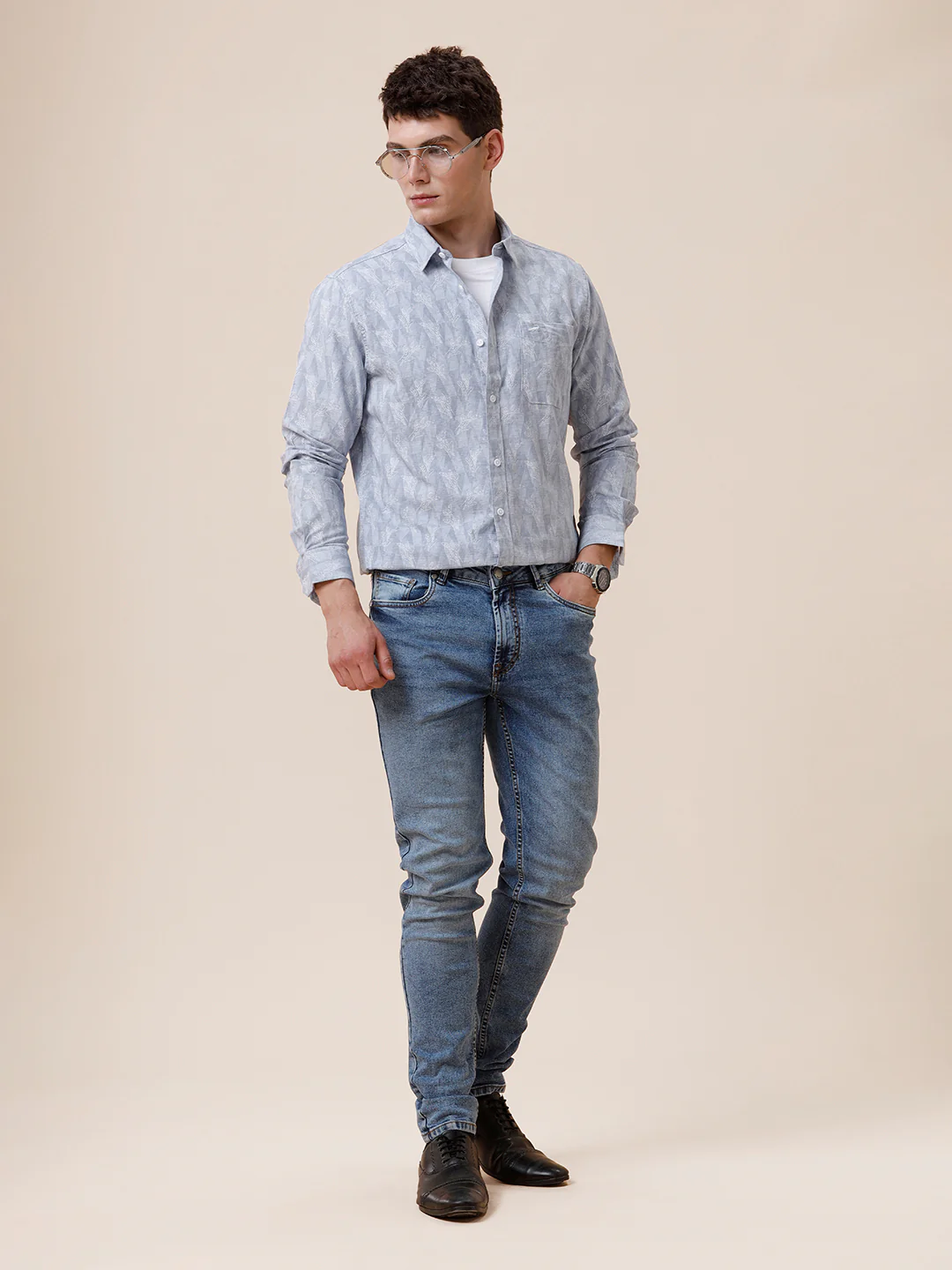 Cotton Printed Textured Grey Shirt